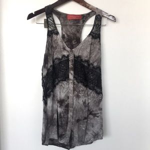 Akira Chicago Grey and Black Tie Dye Lace Racerback Tank - Size Medium